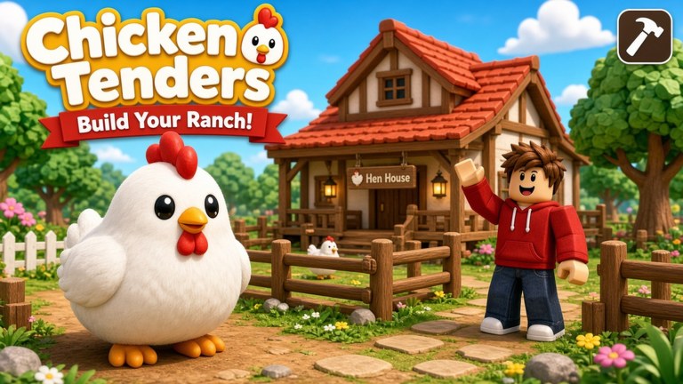 Chicken Tenders promotional artwork with a white chicken beside a timber ranch house.