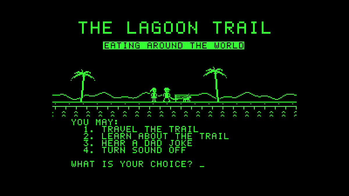 The Lagoon Trail title screen, with green pixel art of a family walking beside a lagoon.