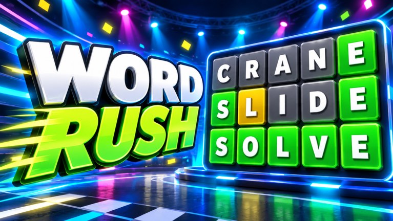 Word Rush promotional artwork with glowing letter tiles in a game-show arena.